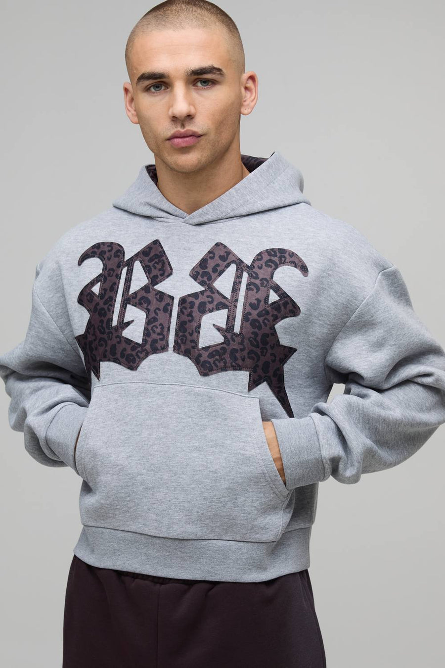 Oversized Shrunken Boxy Leopard Print Applique Hoodie | Grey Marl | Size Small
