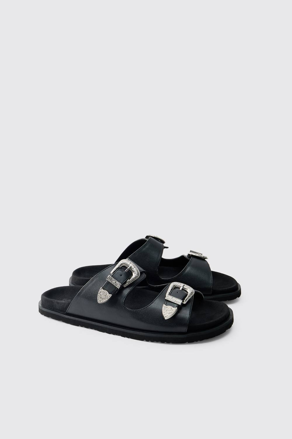 Faux Suede Double Strap Western Buckle Sandal | Black | Size 10