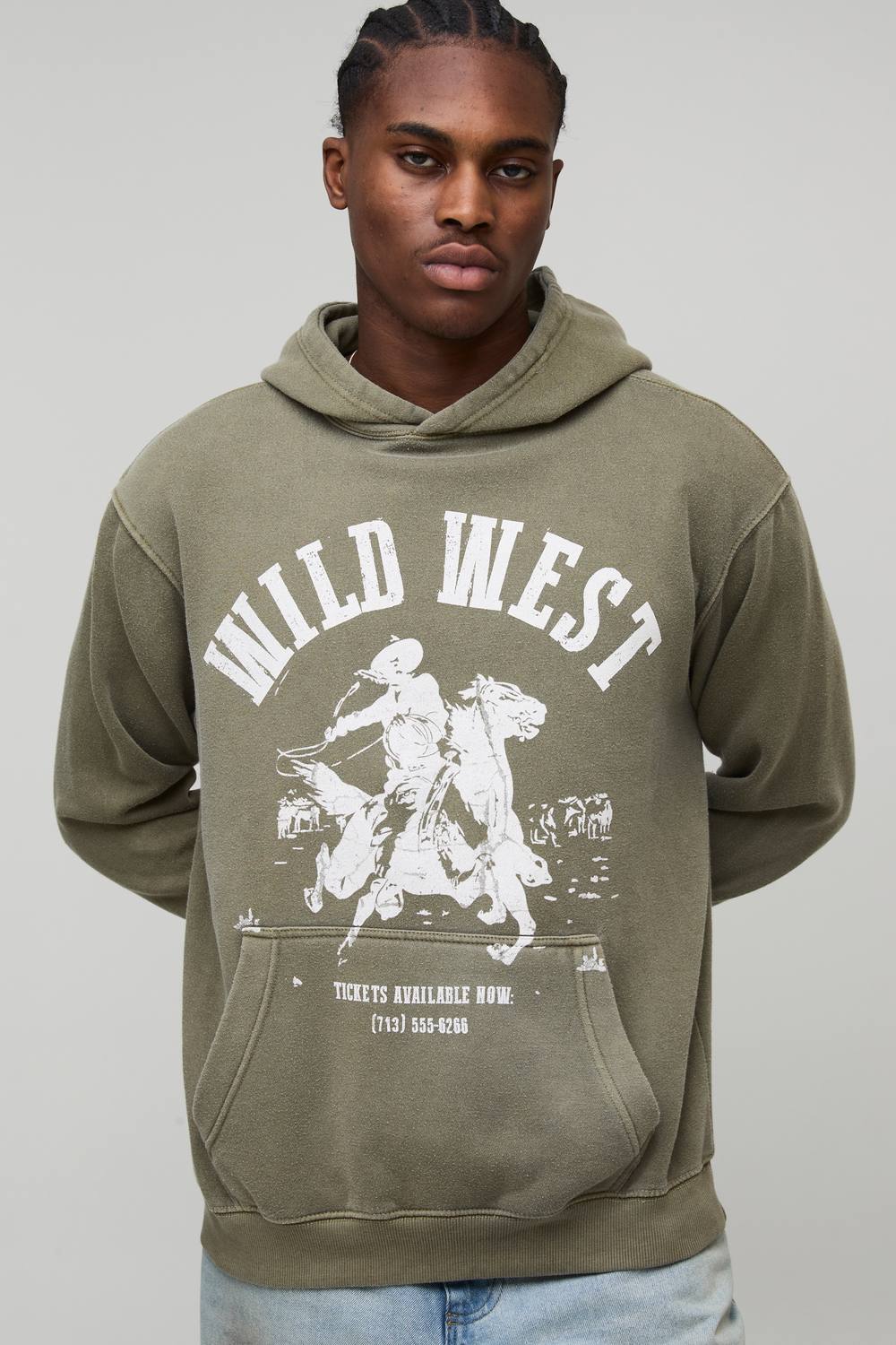Washed Khaki Oversized Boxy Western Printed Hoodie | Size Small