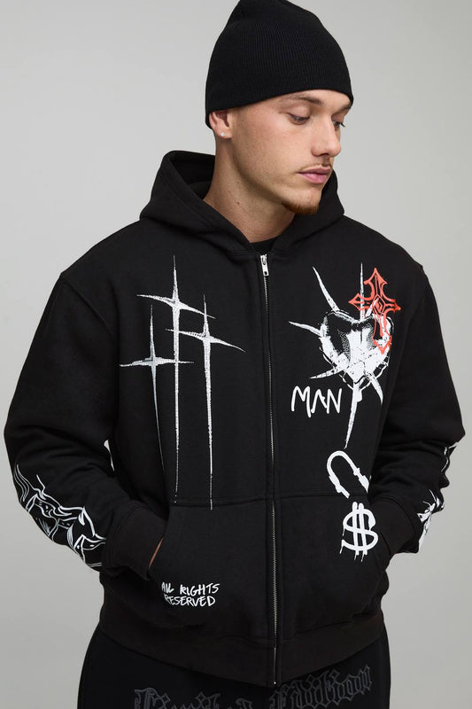 Black Oversized Boxy Graffiti Tattoo Printed Zip Through Hoodie | Size Medium