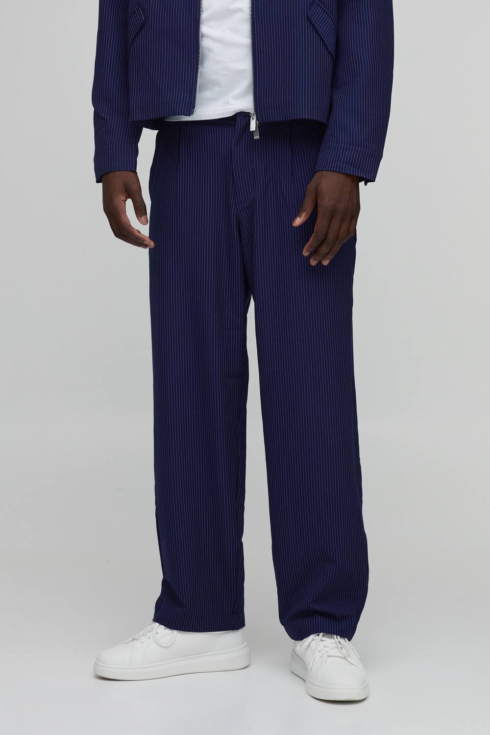Men's Pinstripe Relaxed Fit Tailored Co-Ord Trousers | Navy | Size 36 | BOOHOOMAN