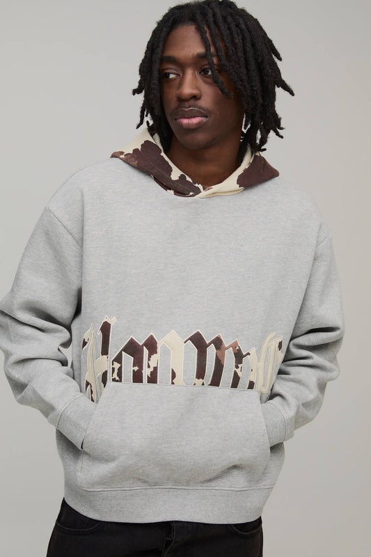 Oversized Applique Cow Print Hoodie | Grey Marl | Size Medium