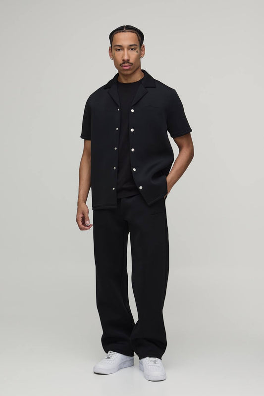 Men's Regular Fit Shirt and Relaxed Trouser Scuba Set | Black | Size X-Small | BOOHOOMAN