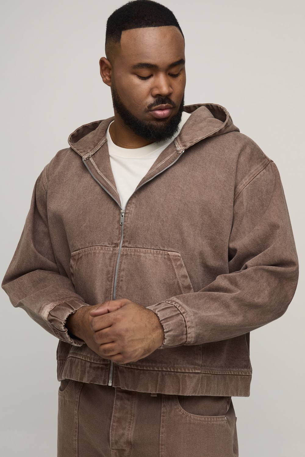 Plus Tinted Washed Denim Oversized Zip Up Hoodie | Brown | Size 3XL