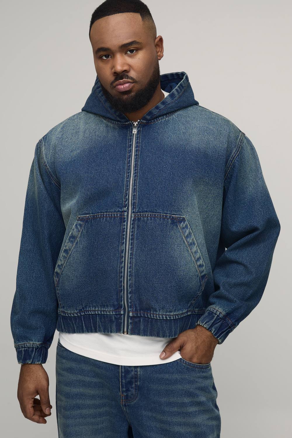 Plus Washed Denim Zip Up Hoodie | Mid Blue | Size 3XL