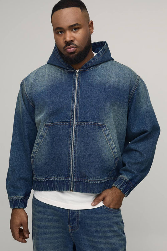 Plus Washed Denim Zip Up Hoodie | Mid Blue | Size 3XL