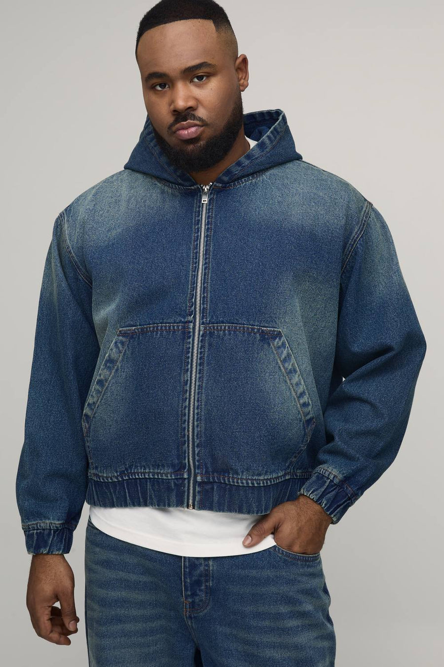 Plus Washed Denim Zip Up Hoodie | Mid Blue | Size 3XL