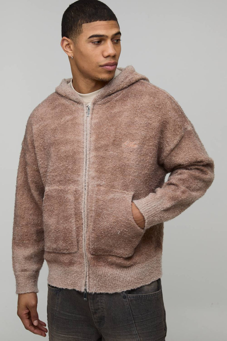 Relaxed Boxy Ombre Wash Boucle Knitted Hoodie | Brown | Size Medium