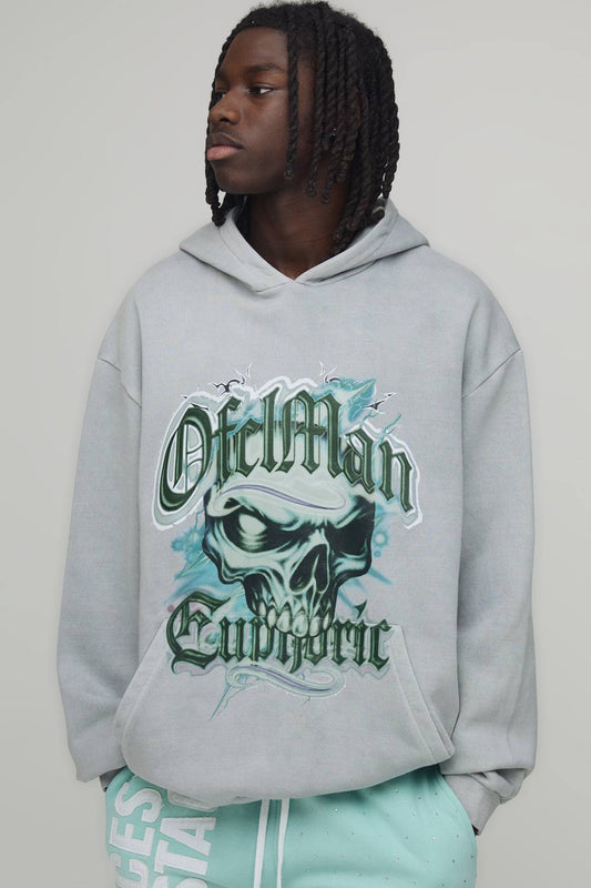 Oversized Euphoric Skull Graphic Washed Hoodie | Grey | Size Medium