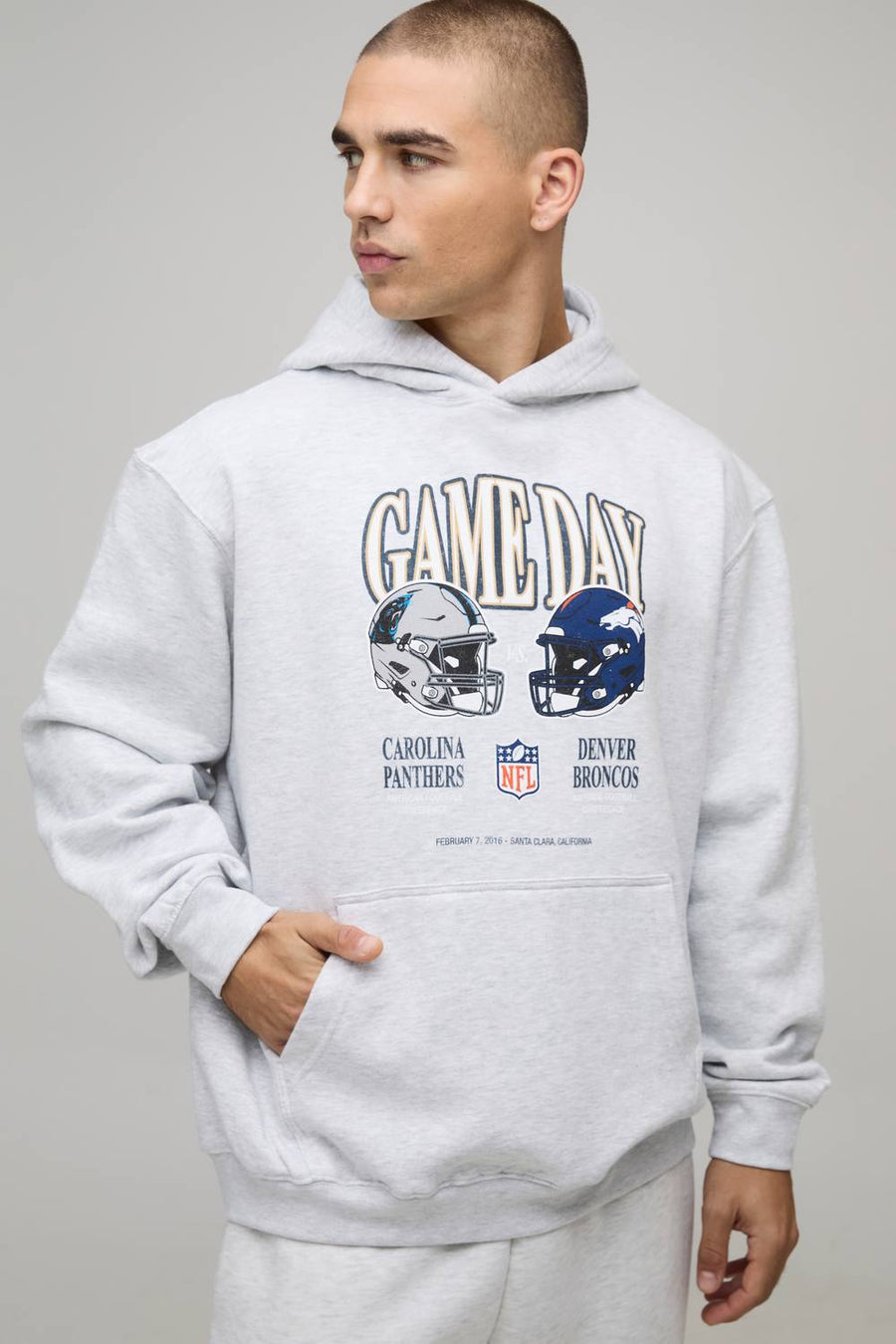 Oversized NFL Broncos X Panthers License Printed Hoodie | Ash Grey | Size Medium