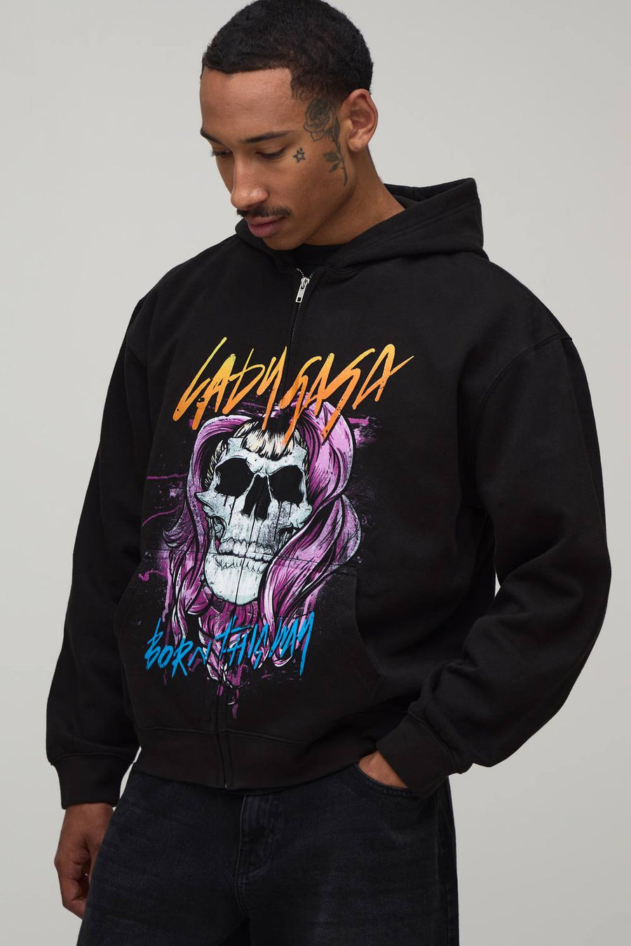 Black Oversized Boxy Lady Gaga License Printed Zip Through Hoodie | Size Medium