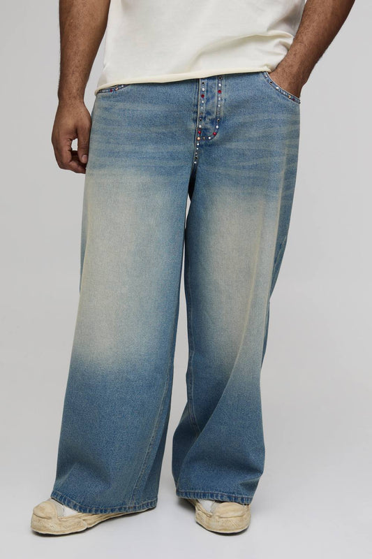 Plus Rhinestone Trim Multi Pocket Baggy Jeans | Vintage Blue | Size 46