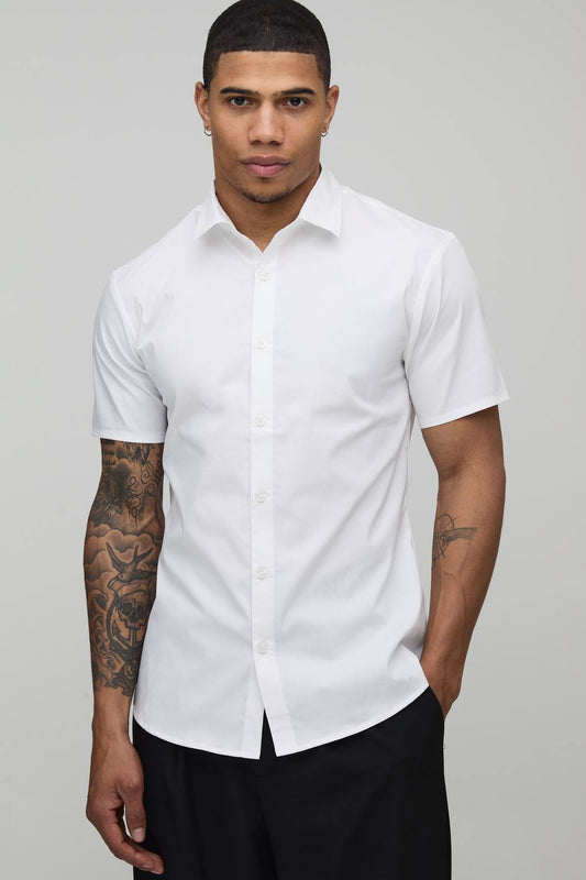 Slim Fit Short Sleeve Cotton Shirt | White | Size Medium