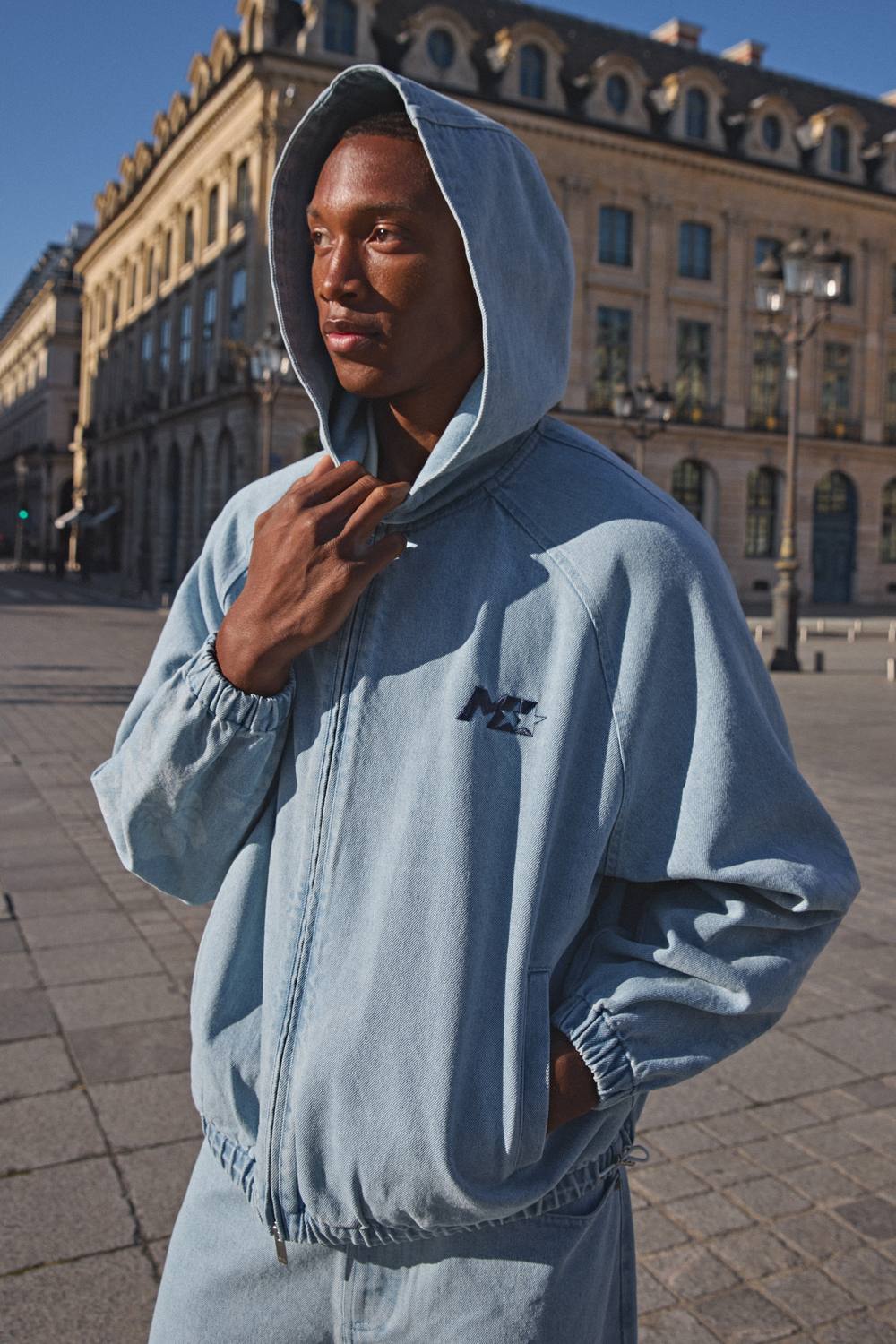 Men's Floral Football Embroidered Denim Hoodie | Light Wash | Size Medium | BOOHOOMAN
