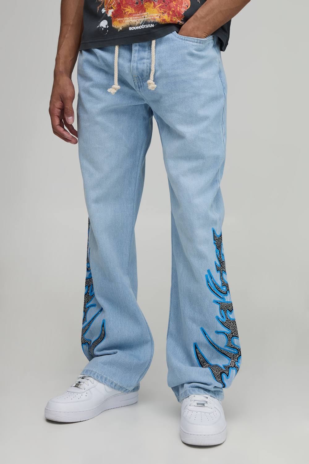 Rope Belted Embellished Printed Flared Jeans | Light Blue | Size 46