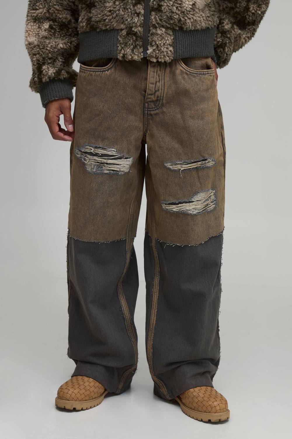 Ripped Overlay Baggy Fit Jeans | Light Wash | Size 36