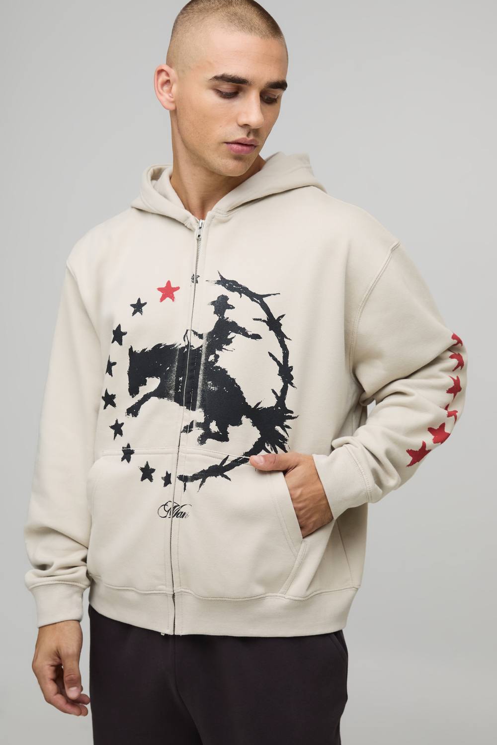 Stone Oversized Boxy Western Print Zip Through Hoodie | Size Small