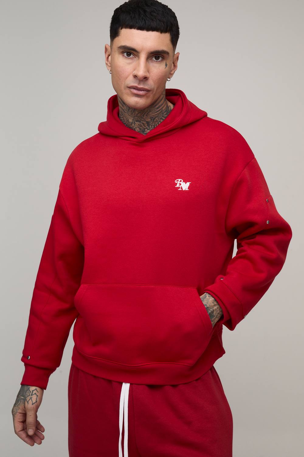 Tall Oversized Boxy BM Panelled Hoodie | Red | Size Medium