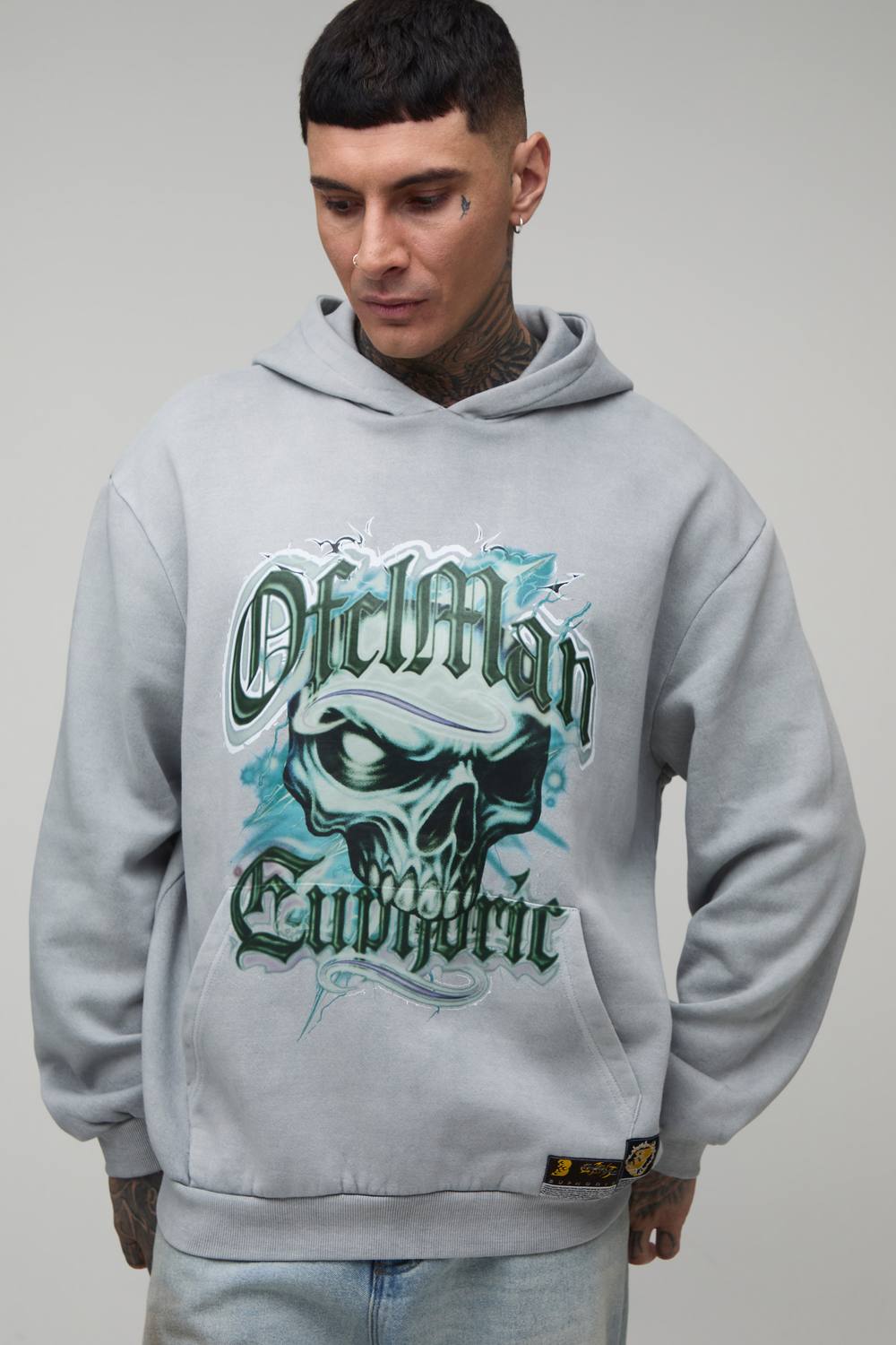 Tall Oversized Euphoric Skull Graphic Washed Hoodie | Grey | Size Medium