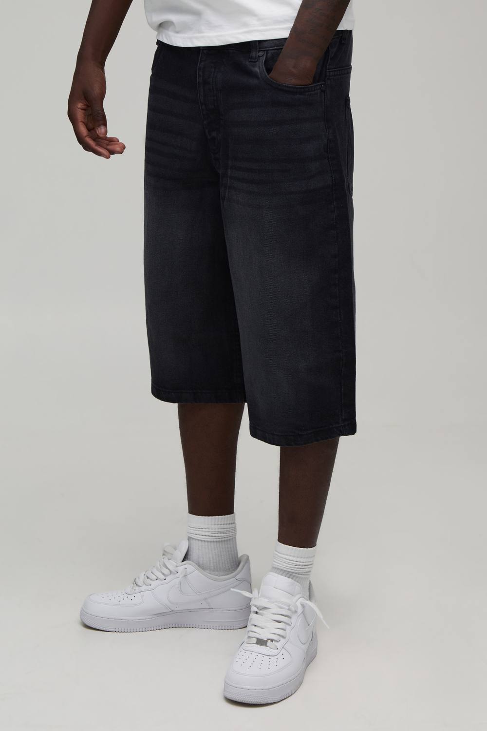 Essential Longline Fit Denim Jorts | Washed Black | Size 46