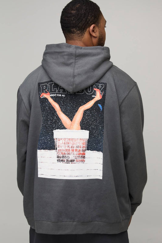 Men's Plus Oversized Playboy Christmas License Printed Hoodie | Charcoal | Size 3X-Large | BOOHOOMAN