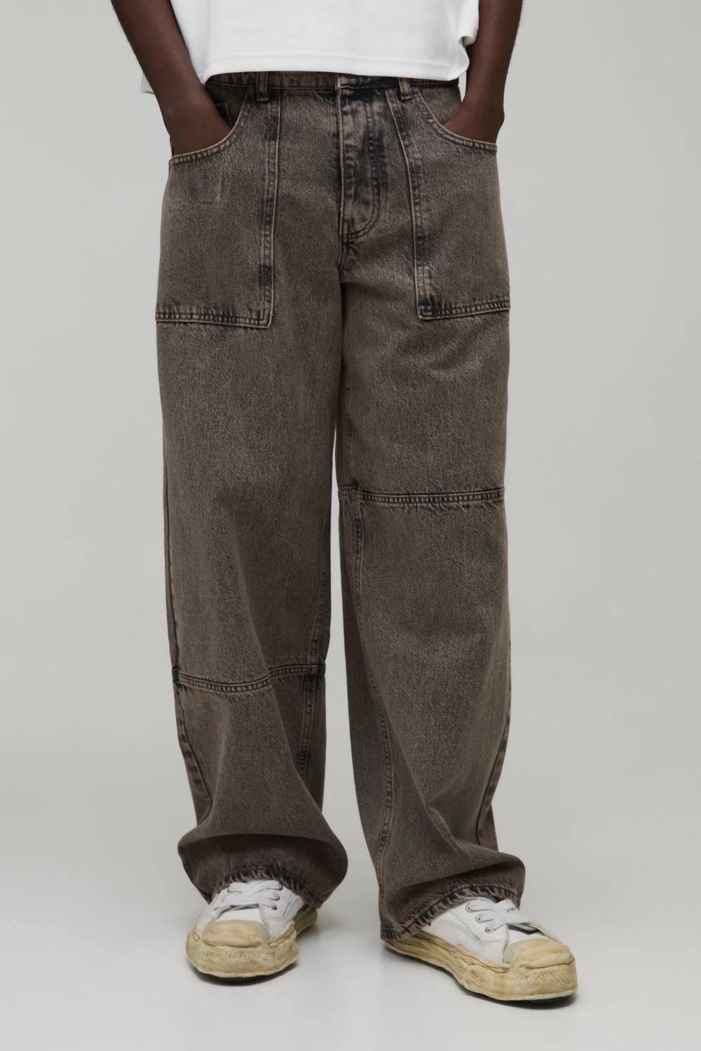 Debossed Pocket Baggy Fit Washed Jeans | Stone | Size 46