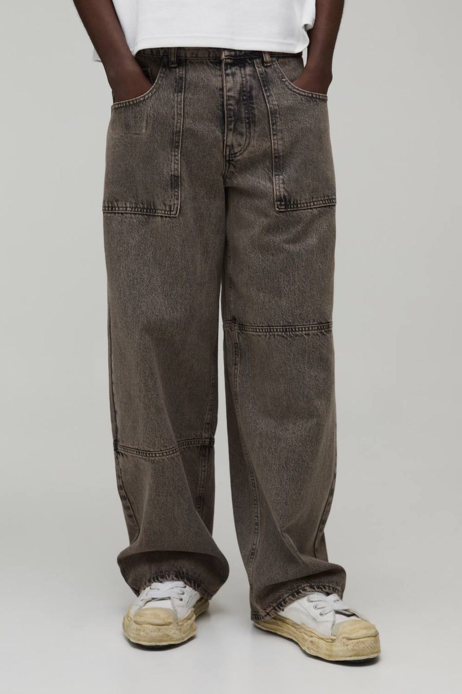 Debossed Pocket Baggy Fit Washed Jeans | Stone | Size 46