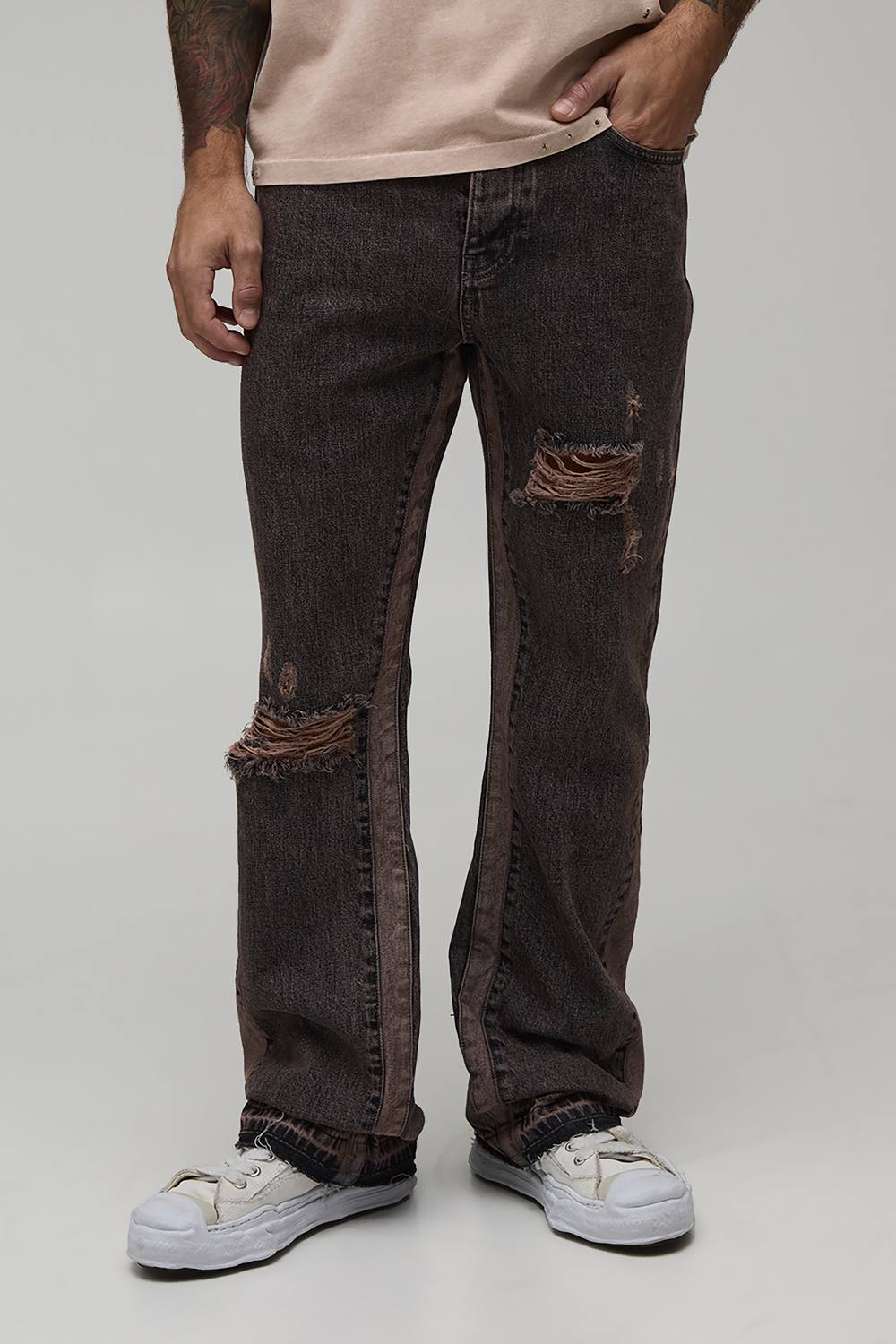 Slim Flare Washed Distressed Gusset Panel Jeans | Stone | Size 46