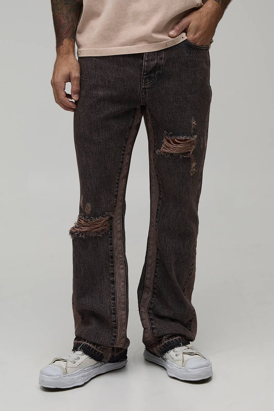Slim Flare Washed Distressed Gusset Panel Jeans | Stone | Size 46