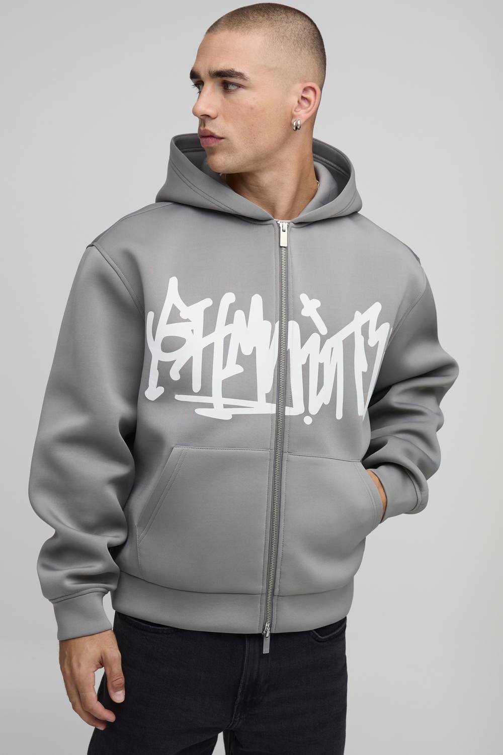 Oversized Boxy BHM Graffiti Bonded Scuba Printed Zip Through Hoodie | Charcoal | Size Medium