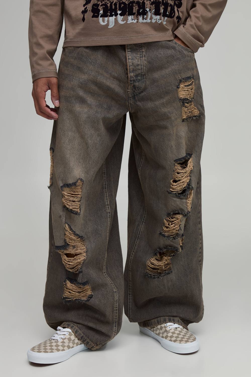 Extreme Baggy All Over Ripped Jeans | Stone | Size 46