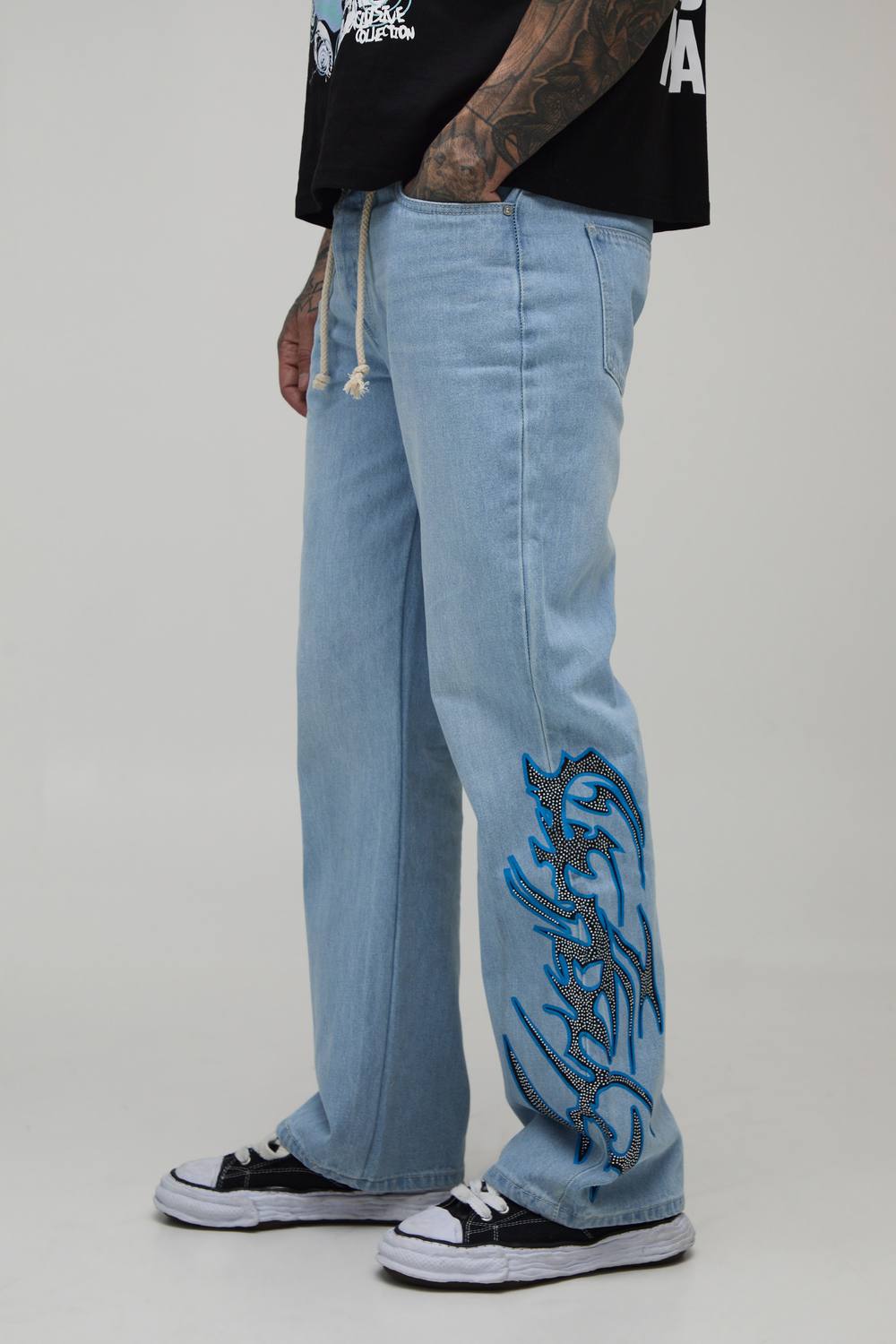 Tall Rope Belted Embellished Printed Flared Jeans | Light Blue | Size 40