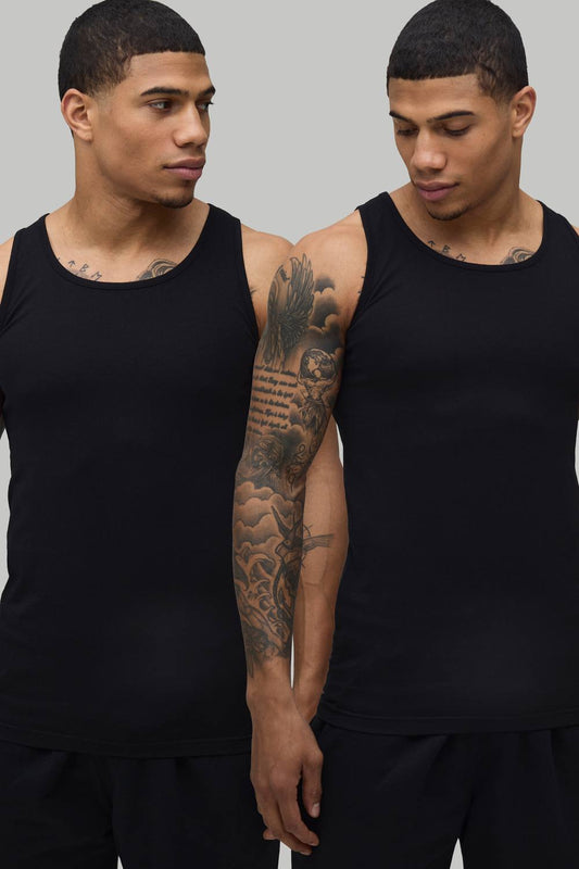 2 Pack Essential Muscle Fit Vest | Black | Size Medium