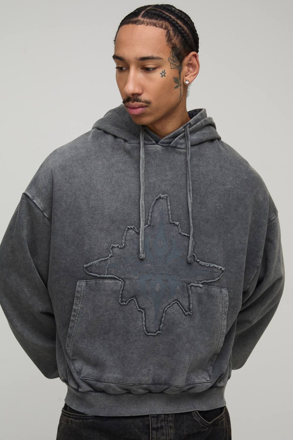Tall Shrunken Boxy Loopback Washed OFCLMAN Applique Hoodie | Charcoal | Size Medium