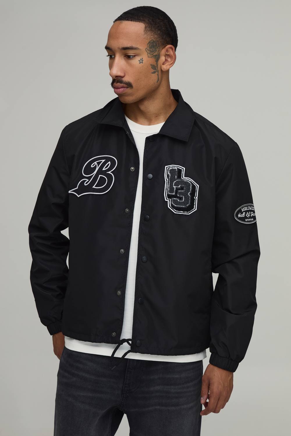 Varsity Badge Collared Coach Jacket | Black | Size Medium