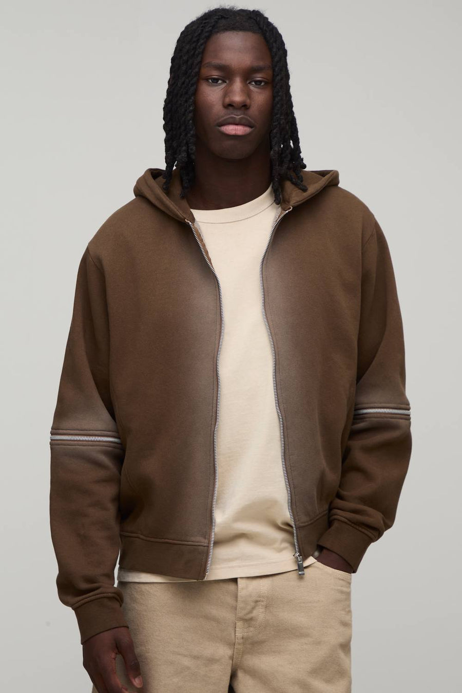 Boxy Spray Wash Zip Through Hoodie | Brown | Size Medium