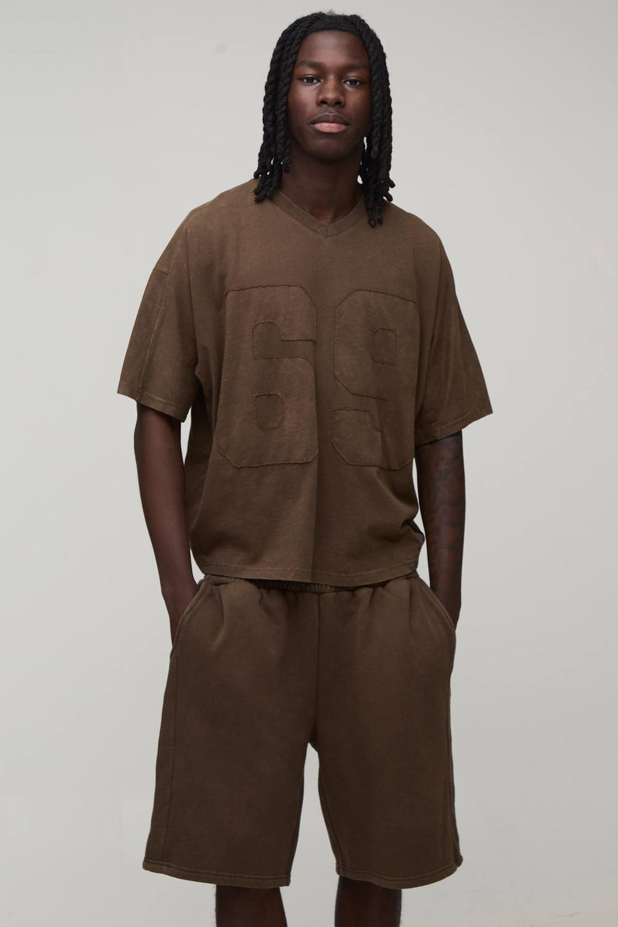 Men's Oversized Boxy Applique Washed T-Shirt and Short Set | Brown | Size Medium | BOOHOOMAN