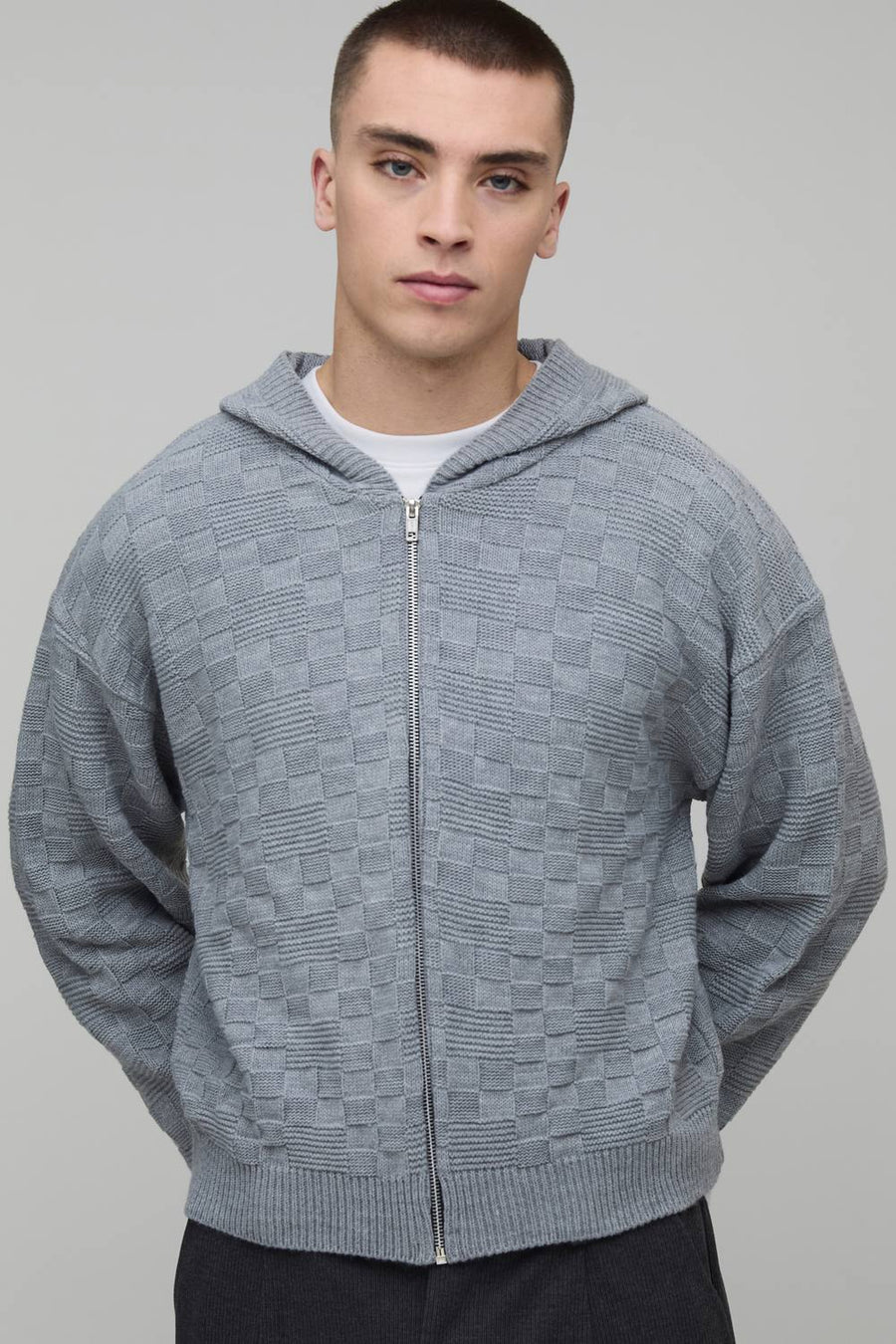 Boxy Fit Soft Touch Basketweave Knitted Hoodie | Grey | Size Medium