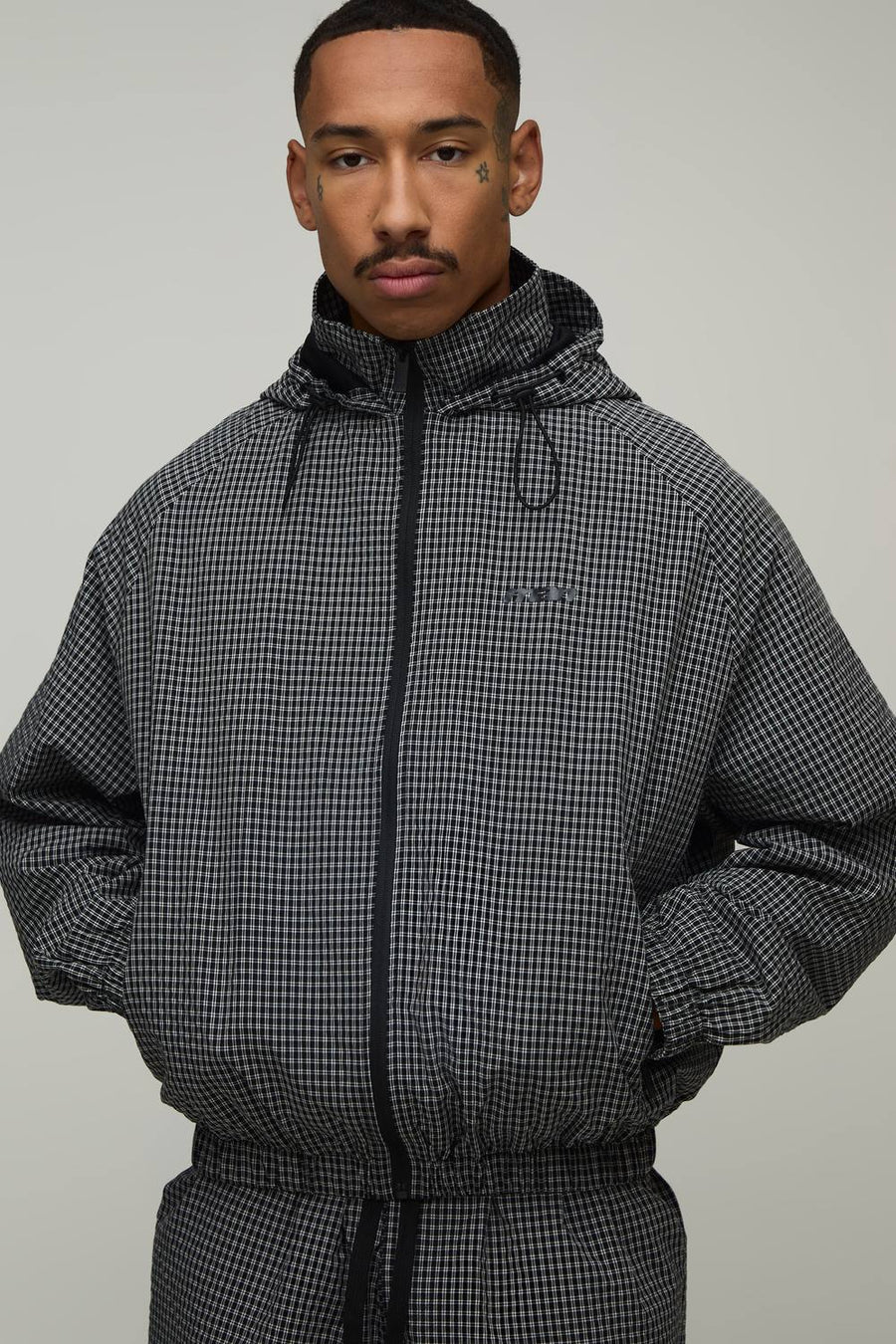 Oversized Check Hooded Toggle Cagoule | Black | Size Medium