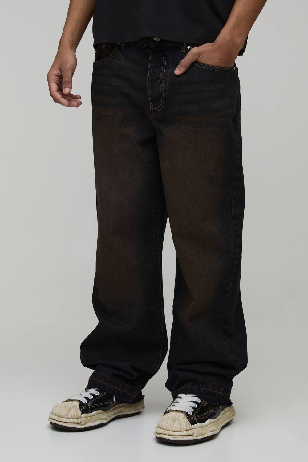 Tinted Washed Let Down Hem Relaxed Fit Jeans | Dark Wash | Size 46R