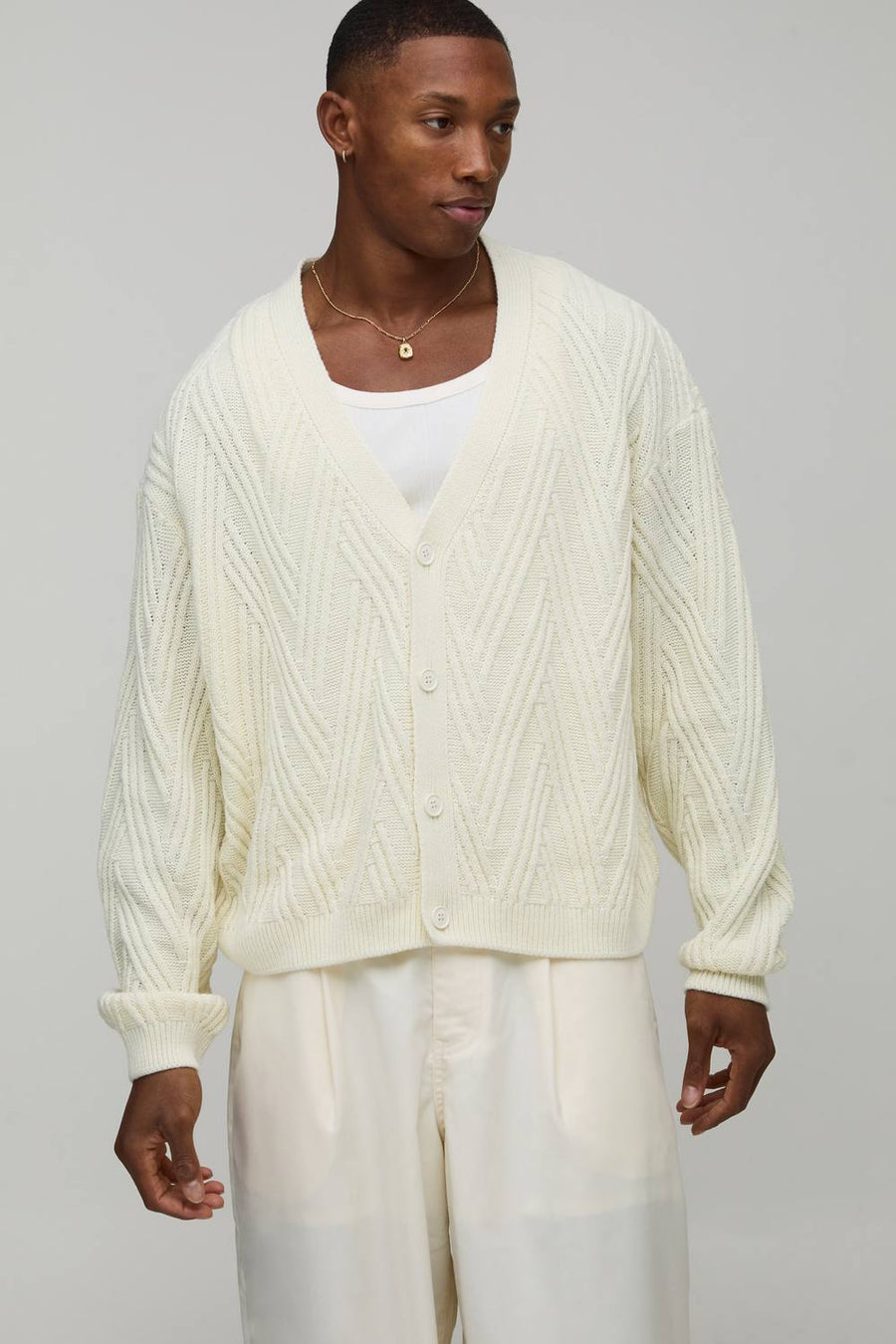 Oversized Boxy Wavy Knitted Cardigan | Ecru | Size Medium