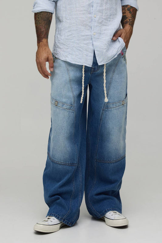 Baggy Rigid Floral Rope Belt Jeans | Blue | Size 46R