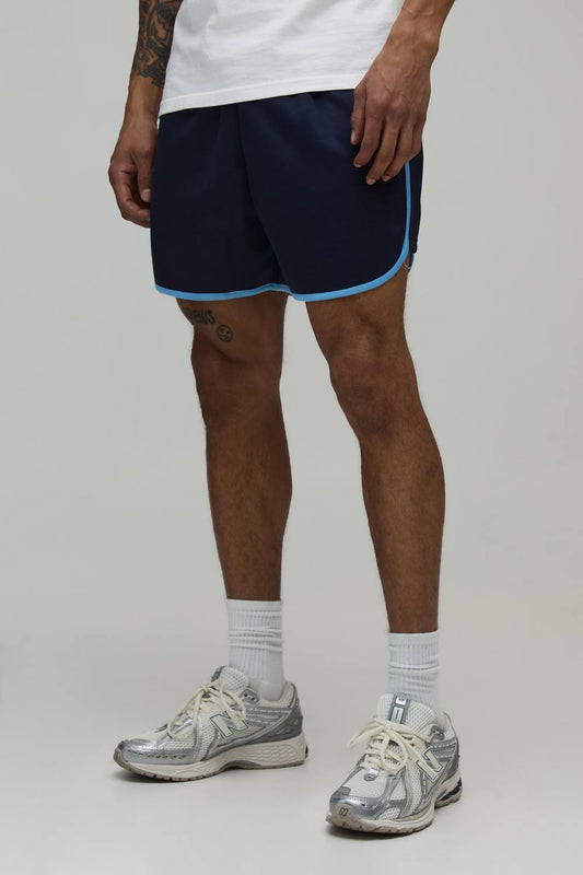 Men's Racer Fit Tricot Piping Jersey Short | Navy | Size Medium | BOOHOOMAN