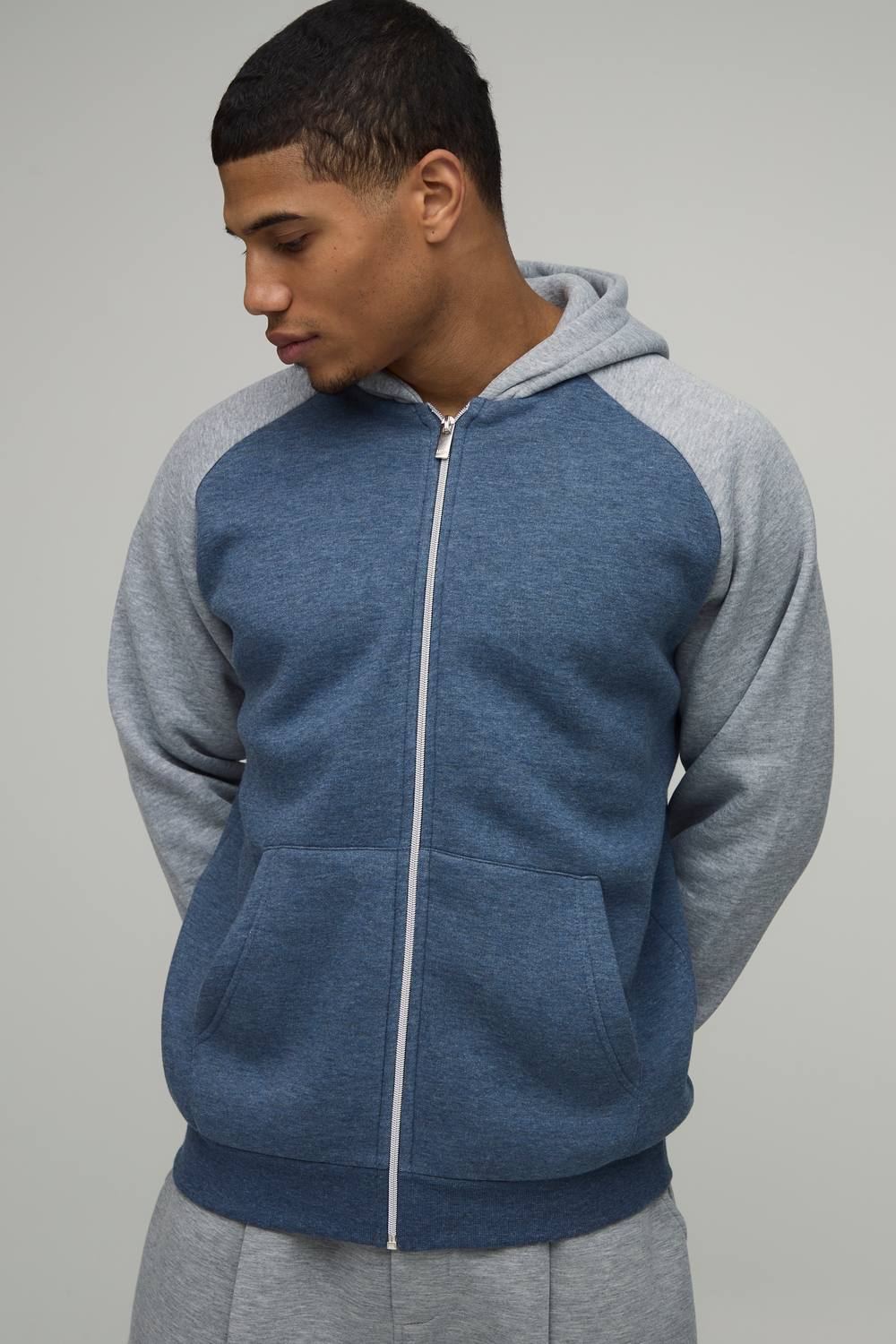 Regular Fit Raglan Sleeve Zip through Hoodie | Navy | Size Medium