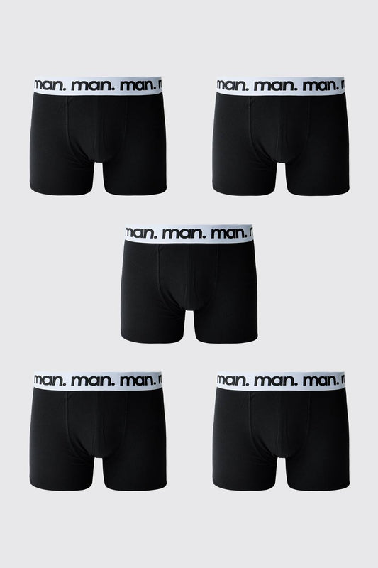 Men's 5 Pack With White Waistband Man. Boxers | Black | Size Medium | BOOHOOMAN