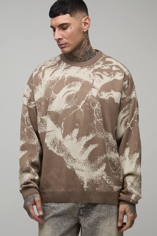 Men's Tall Oversized Renaissance Jacquard Knitted Jumper | Taupe | Size Medium | BOOHOOMAN