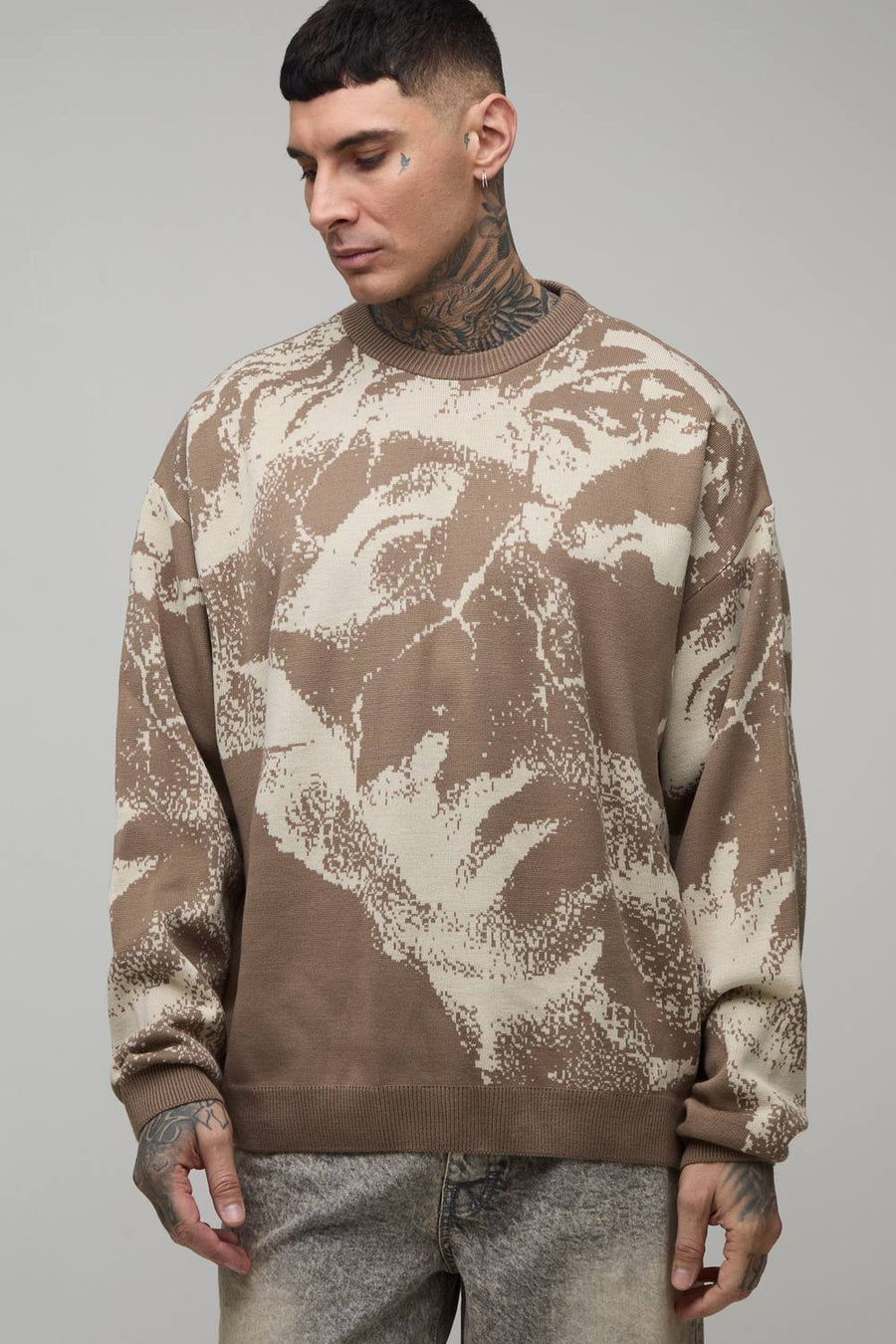Men's Tall Oversized Renaissance Jacquard Knitted Jumper | Taupe | Size Medium | BOOHOOMAN