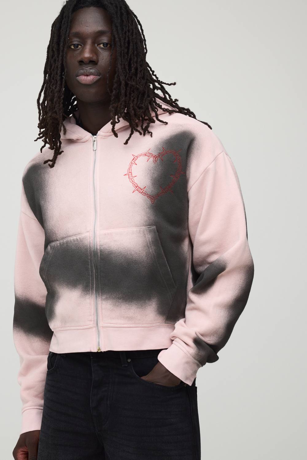Shrunken Fit Dirty Wash Gothic Heart Zip Through Hoodie | Pink | Size Medium