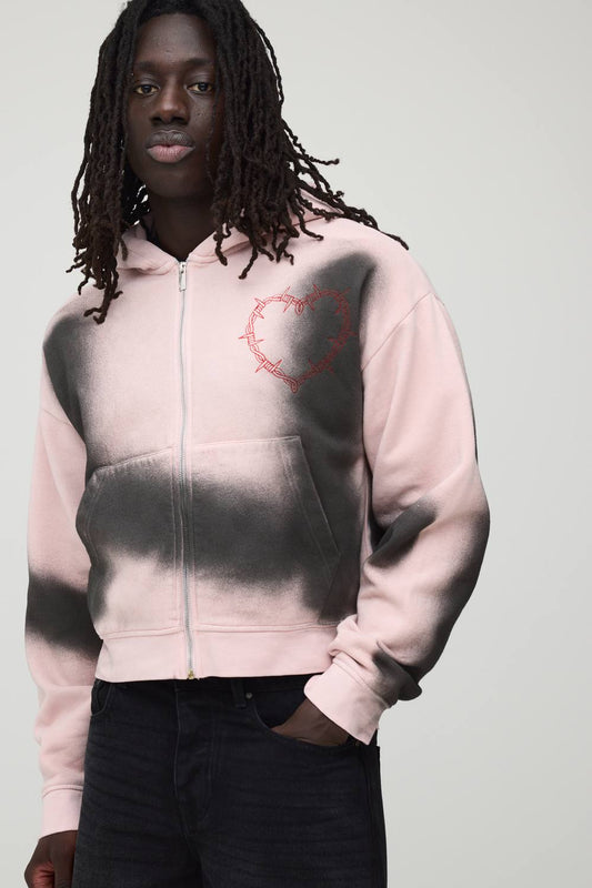 Shrunken Fit Dirty Wash Gothic Heart Zip Through Hoodie | Pink | Size Medium
