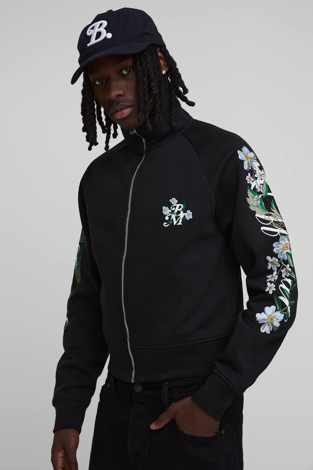 Funnel Neck Floral Embroidered Track Top | Black | Size Medium
